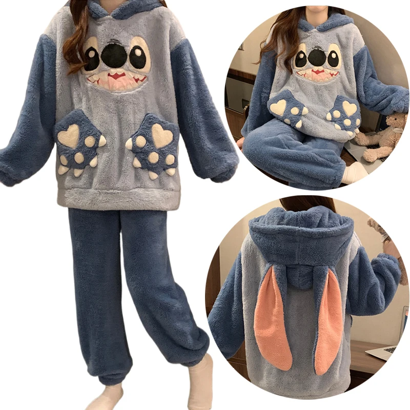 

Пижамный комплект Disney Stitch, зимняя длинная плюшевая одежда для сна в стиле аниме, утепленная теплая домашняя одежда для женщин, пижамы с капюшоном, домашняя одежда, подарок