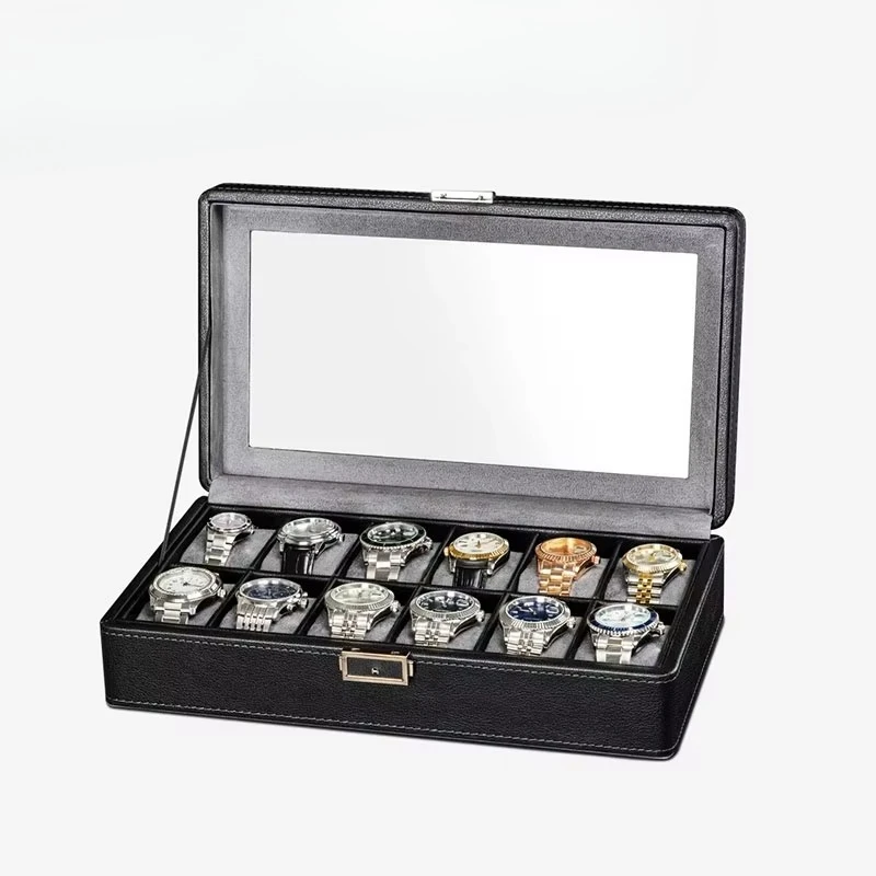 Organizador de óculos de jóias, couro rígido para viagem, caixa de armazenamento de relógio com 12 espaços, embalagem de exibição de caixa de relógio de veludo