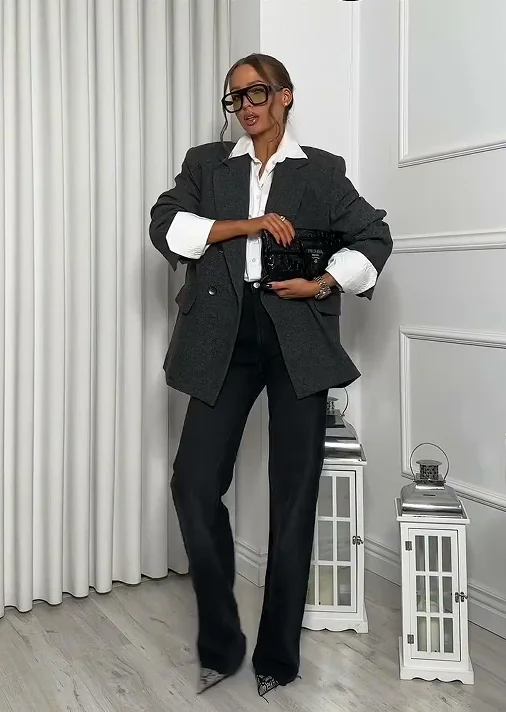 

Wool Blend For Woman Double Breasted Blazer Jackets Turn Down Collar Tops Trendy Casual Outerwear Vintage Woman Daily Clothes