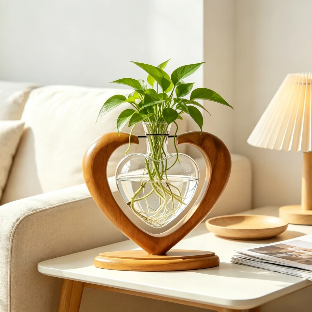 Modern Heart‑Shaped Wooden Stand GlassVase Transparent Hydroponic Propagation Station Home Office Decoration Ornament