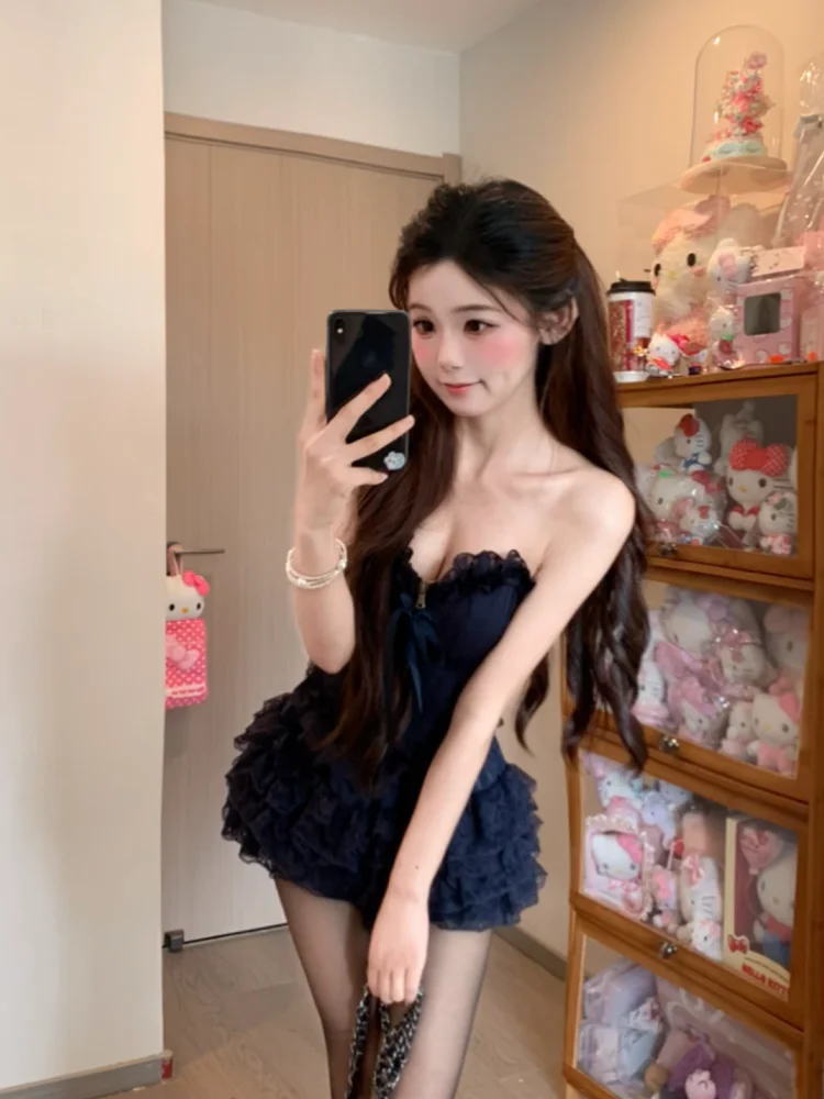 

Sweet Lace Embroidery One-Shoulder Bustier Short Skirt Two-Piece Set Retro Girl Summer New Style Korean Style Fashion Set