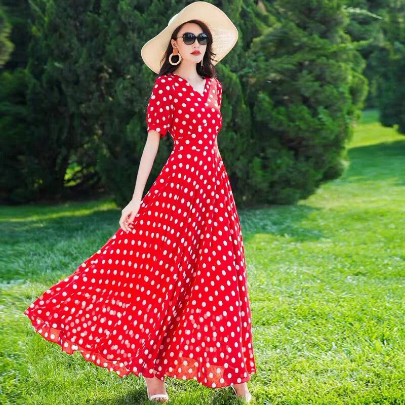 Women's Clothing Red Polka Dot  Summer Dress New Vacation Bohemian Beach Chiffon Long Dresses Female Vestidos Elegant Lady Dress - view 2