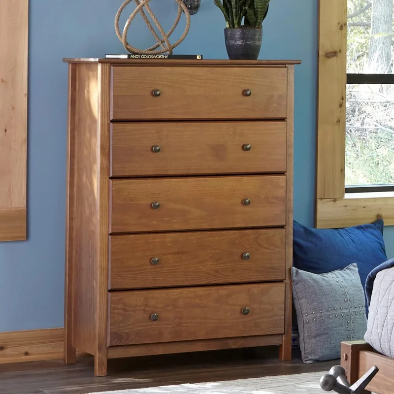 Solid Wood Shaker 5-Drawer Storage Chest, Classic Walnut Wooden Dresser Cabinet, Durable Indoor Home Furniture, Practical