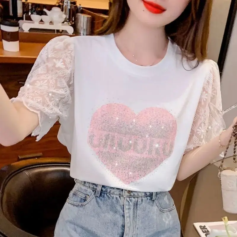Women Summer Fashion Diamonds Lace O-neck Short Sleeve T-Shirt Ladies Casual Office Lady Loose Appear Thin All-match Trend Tops