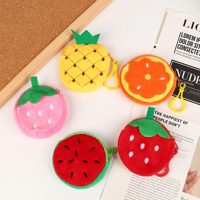 1Pc Cute Fruit Shape Plush Coin Purse Watermelon Pineapple Orange Strawberry Purse Bag Keychain Pocket Kid's Coin Pouch Wallet