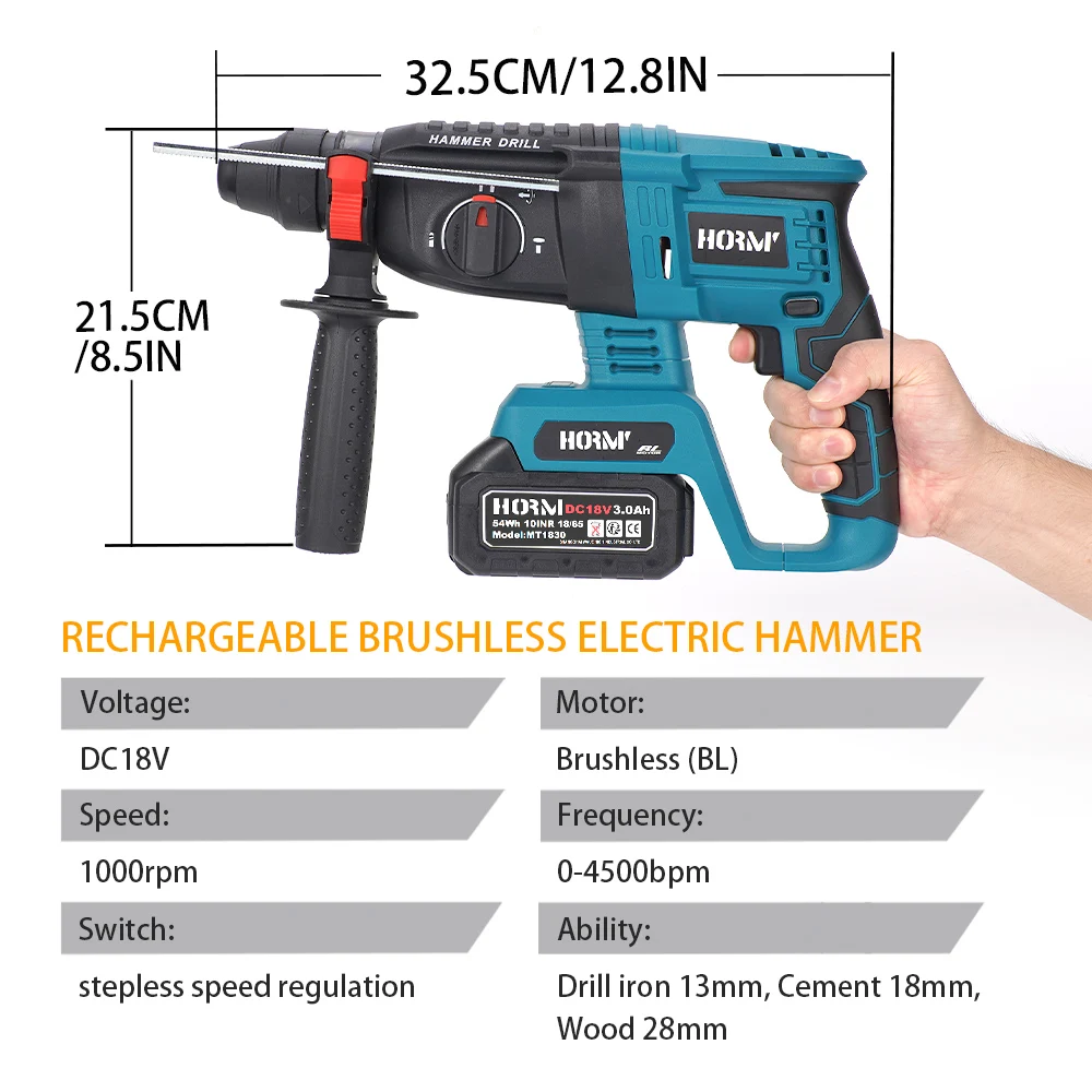 Hormy Brushless Electric Hammer Cordless Impact Drill Multi-function Rotary Hammer Concrete Electric Pick For Makita 18V Battery