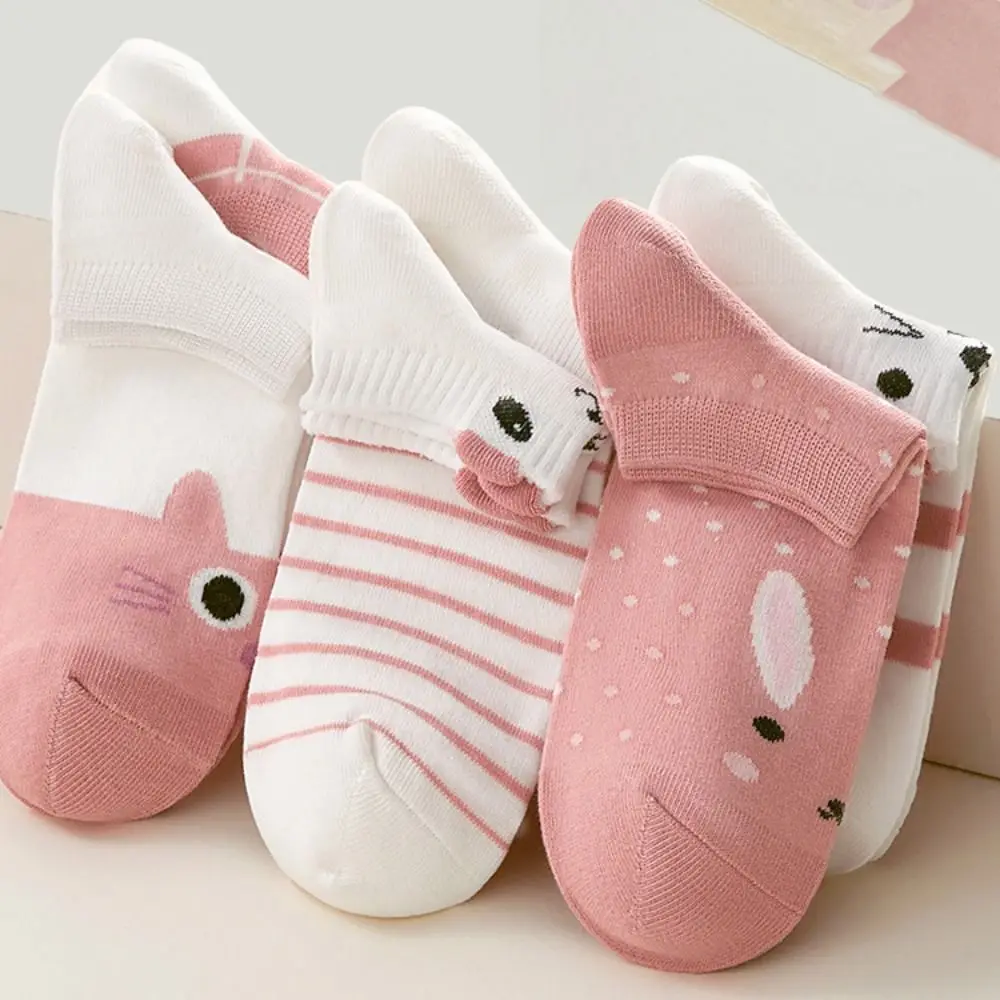 5 Pairs Breathable Cartoon Cat Print Socks Stripe Speckle Mid-tube Socks Animal Thin Low Cut Ankle Socks Female