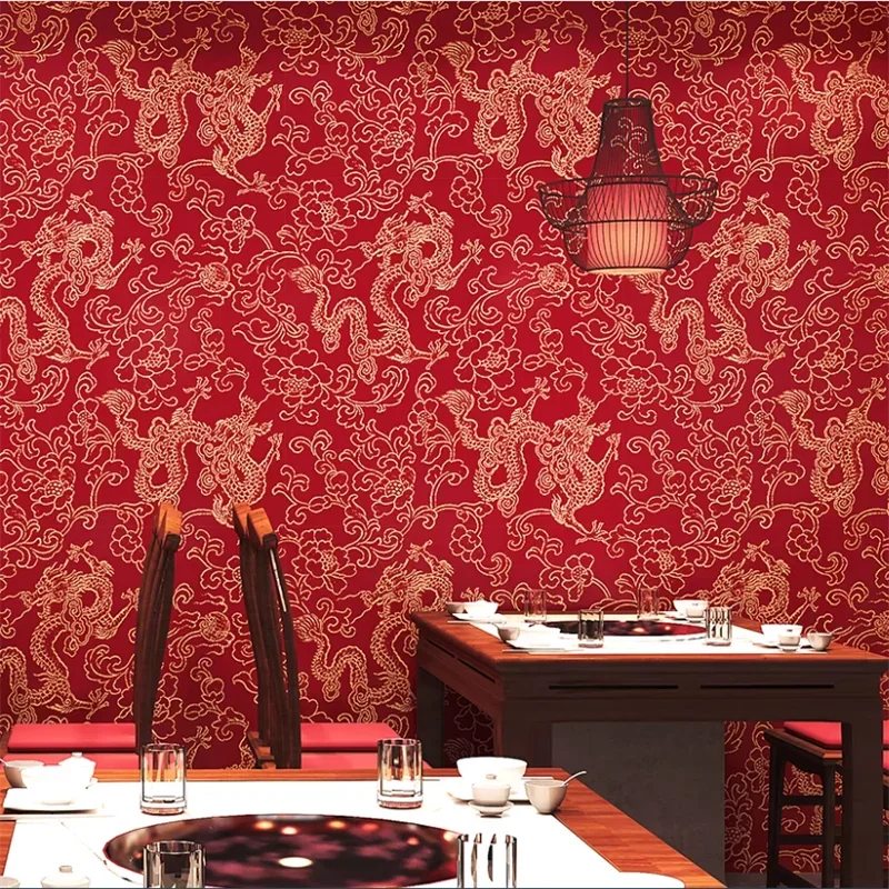 

New Chinese style wallpaper with self-adhesive Xiangyun Hotel restaurant stickers hotel red wall stickers wallpapers home decor