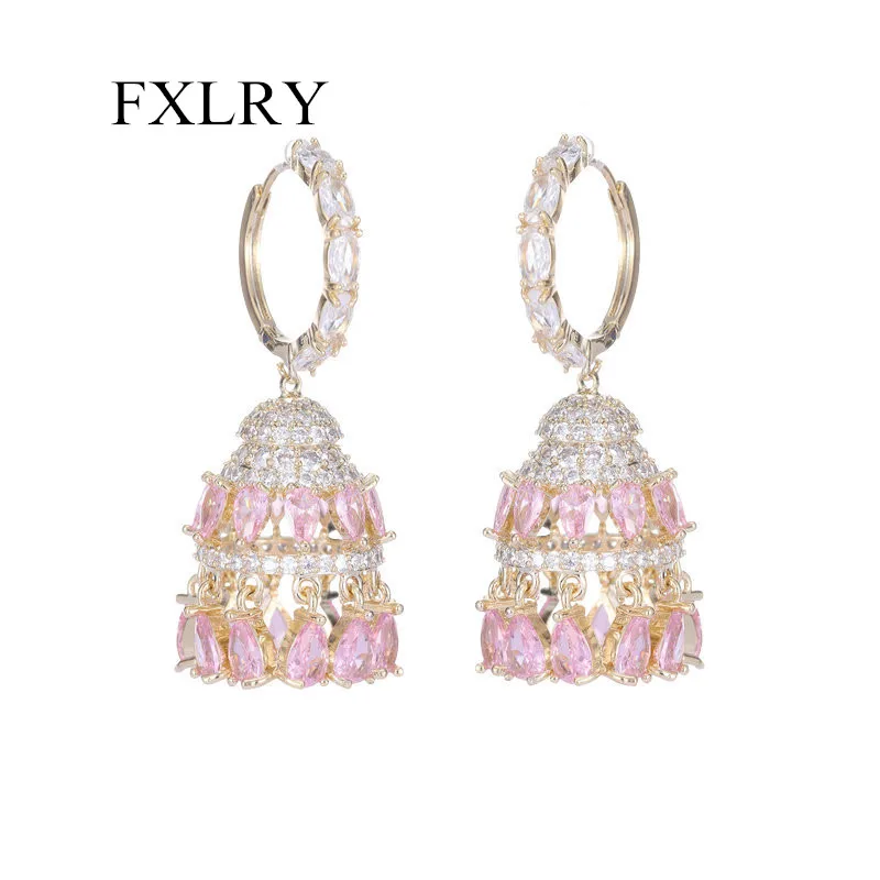 FXLRY Gorgeous Olive Green Cubic Zircon Dangling Huggie Drop Fringed Chandelier Long Earrings For Women Party Jewelry