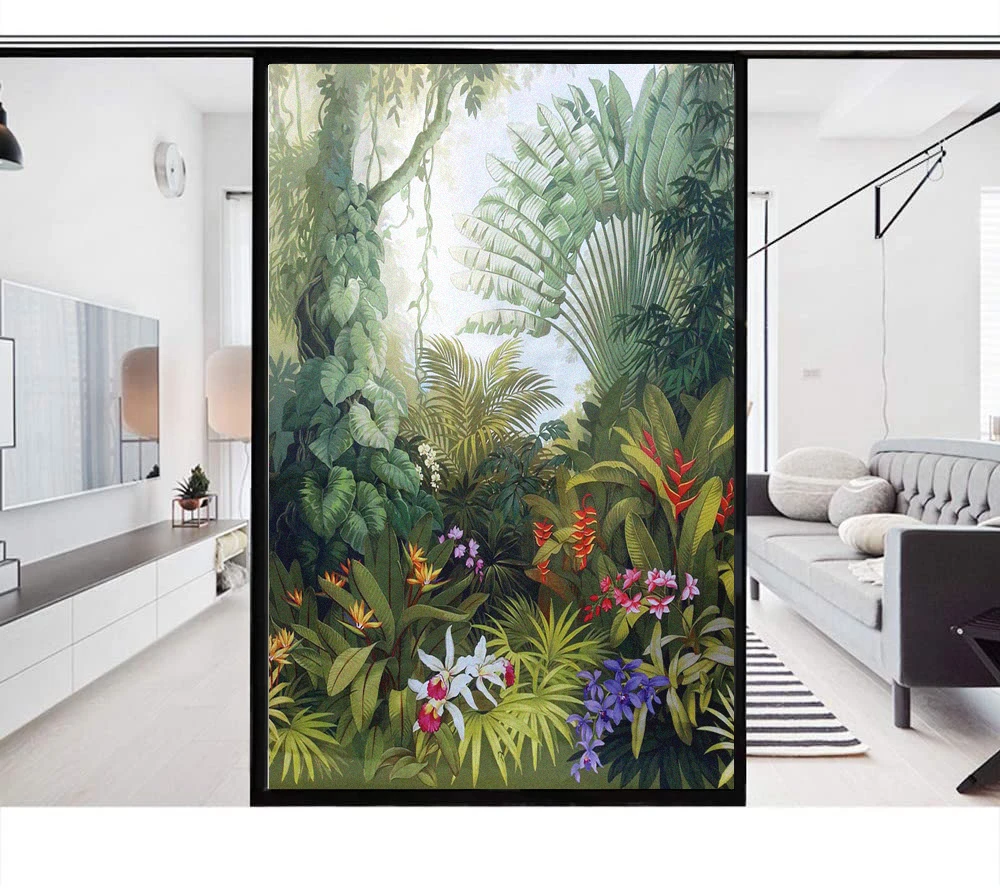 

Privacy Windows Film Decorative Rain Forest Stained Glass Window Stickers No Glue Static Cling Frosted Window Cling Tint Film