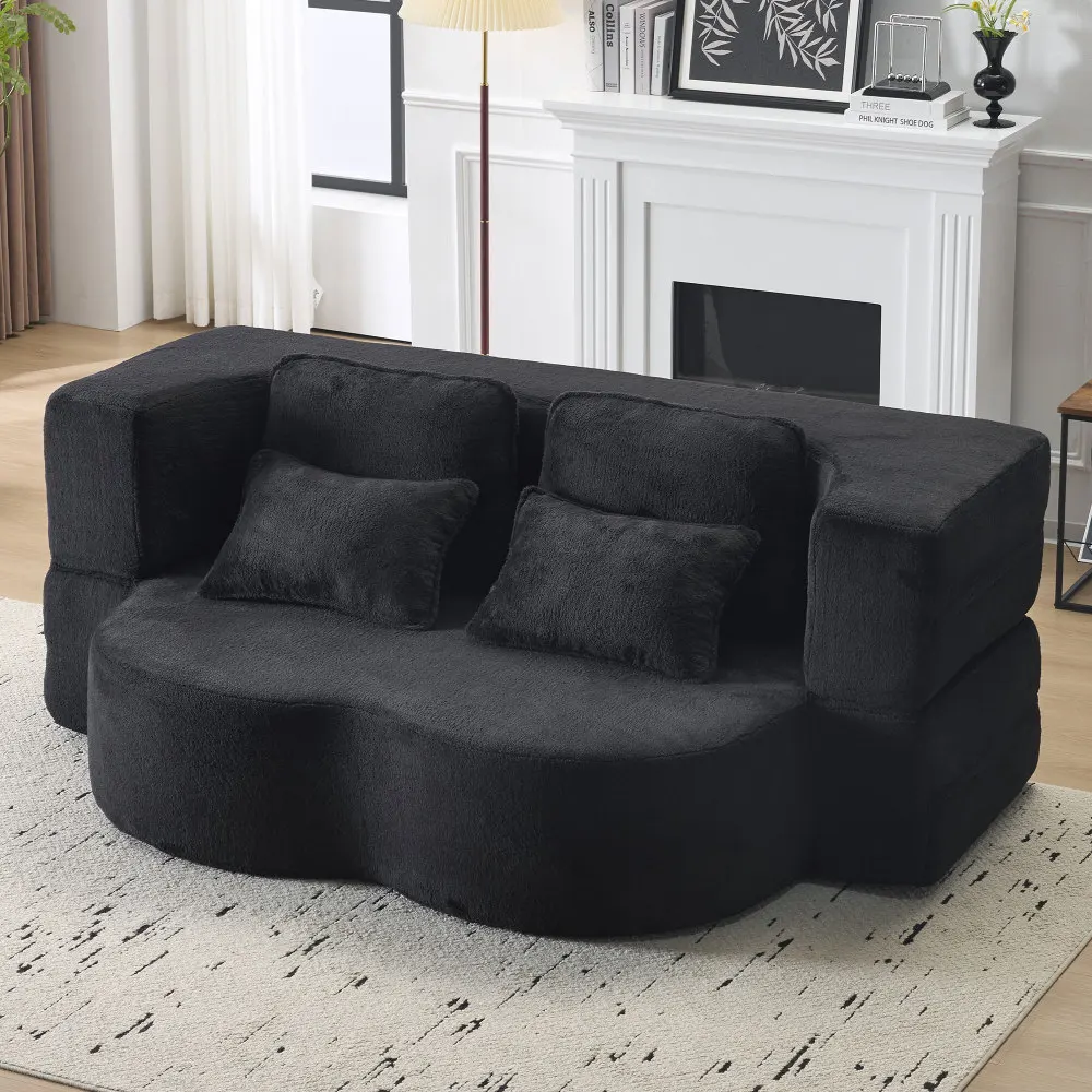 Sofá de Piso Moderno Grande Negro con 4 Cojines, Colchón de Espuma de Alta Densidad de Franela, para Sala de Estar, Habitación de Invitados, Dormitorio, Sin Ensamblaje