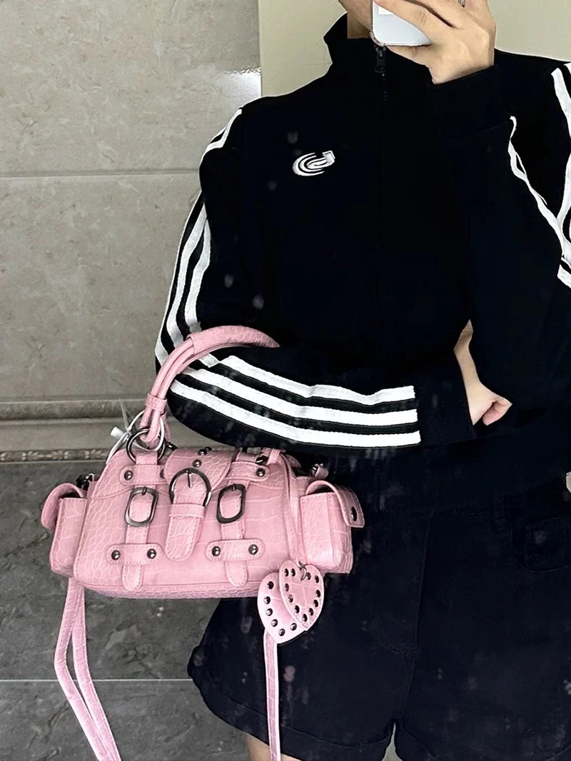 JIAERDI Vintage Pink Messenger Bag Women Y2k Grunge Rivet Handle Crocodile Luxury Designer Bag Female Fairycore Aesthetic Bag