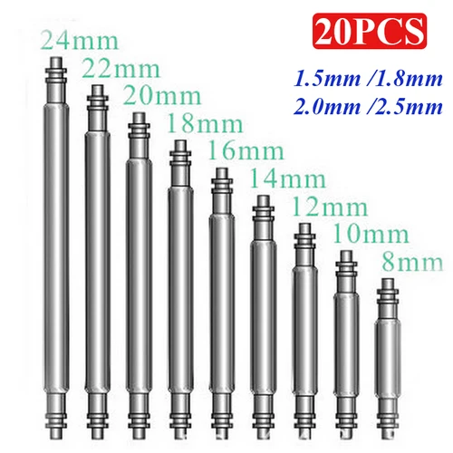 20 piezas pasadores de resorte para correa de reloj, barras de resorte de acero inoxidable de 1,5/1,8/2,0/2,5mm de diámetro, pines de enlace 16 18 19 20 21 22 23 24 26mm
