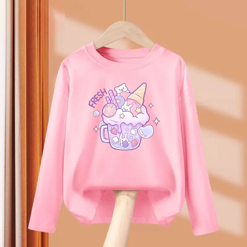 Fashion Long Sleeved Tops for Baby Girls Ice Cream Bunny Cartoon Tops Spring And Autumn Clothes Girl Sweet Tees