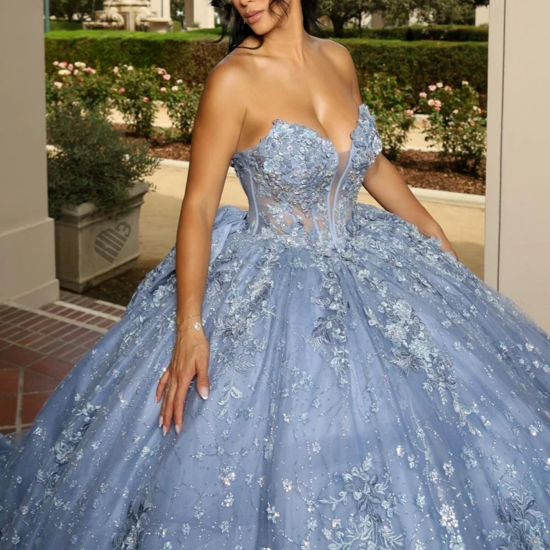 Blau glänzende Quinceanera-Kleider aus der Schulter, Applikation, Spitze, Perlen verziert, Tüll, Party, Geburtstag, süßes 16-Kleid, Vestidos 15 De Anos