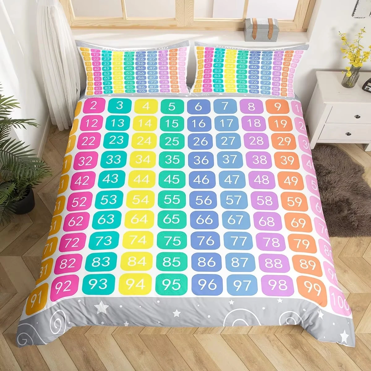 Outer Space Planet Galaxy Duvet Cover Twin King Kids Cartoon Bedding Set ABC Alphabet Learning Comforter Cover with 2 Pillowcase
