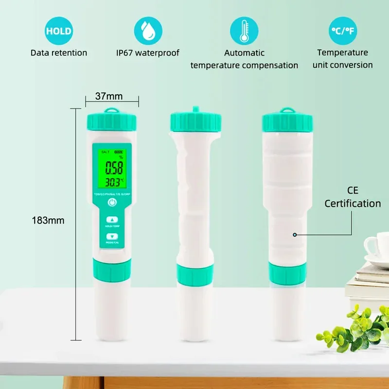 6 in 1 Water Quality Monitor Tester For PH Meter TDS EC ORP Salinity S. G Temperature For Pools, Drinking Water, Aquariums C600