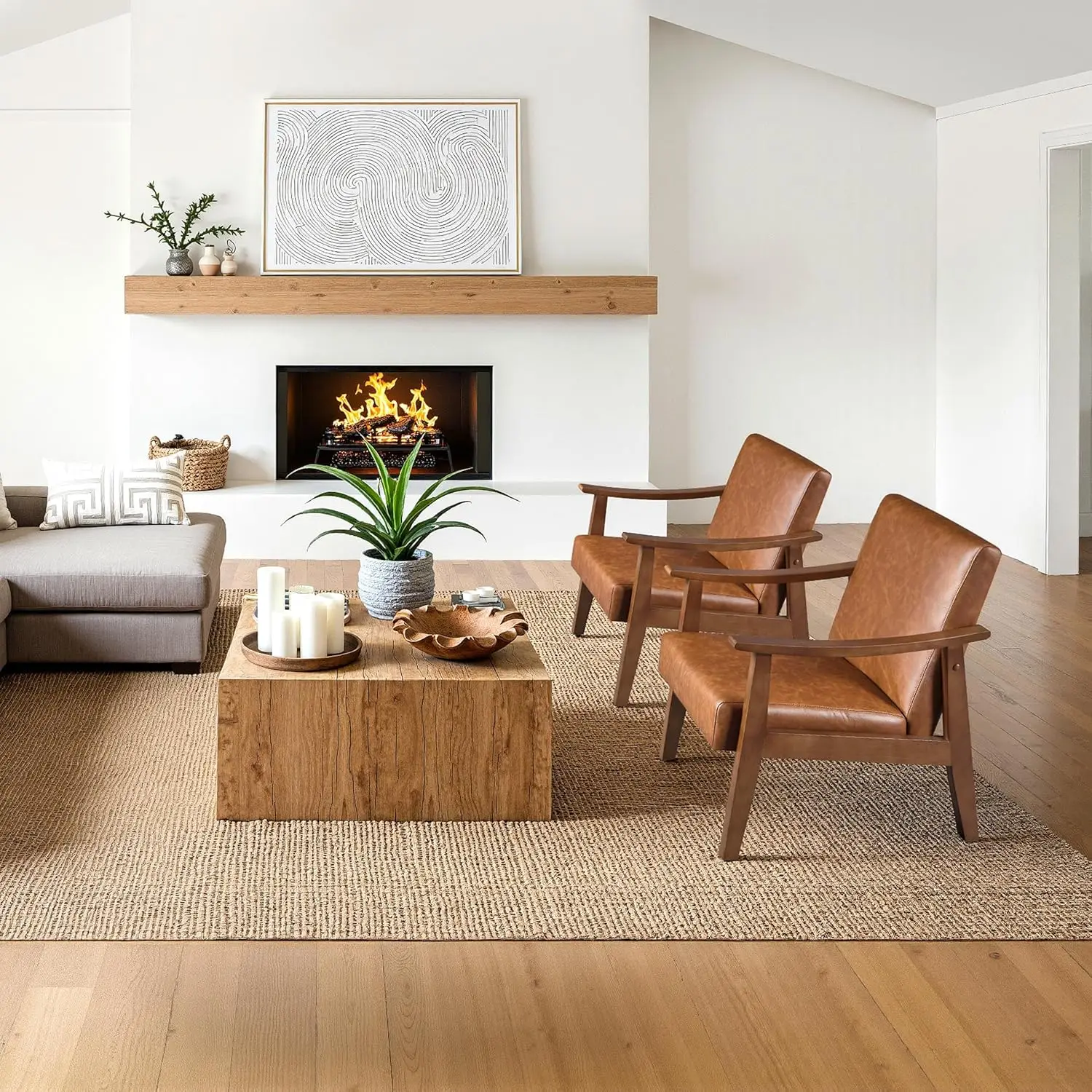 Set of 2 Light Brown Mid Century PU Leather Accent Chairs with Solid Wood Legs for Living Bedroom Waiting Room