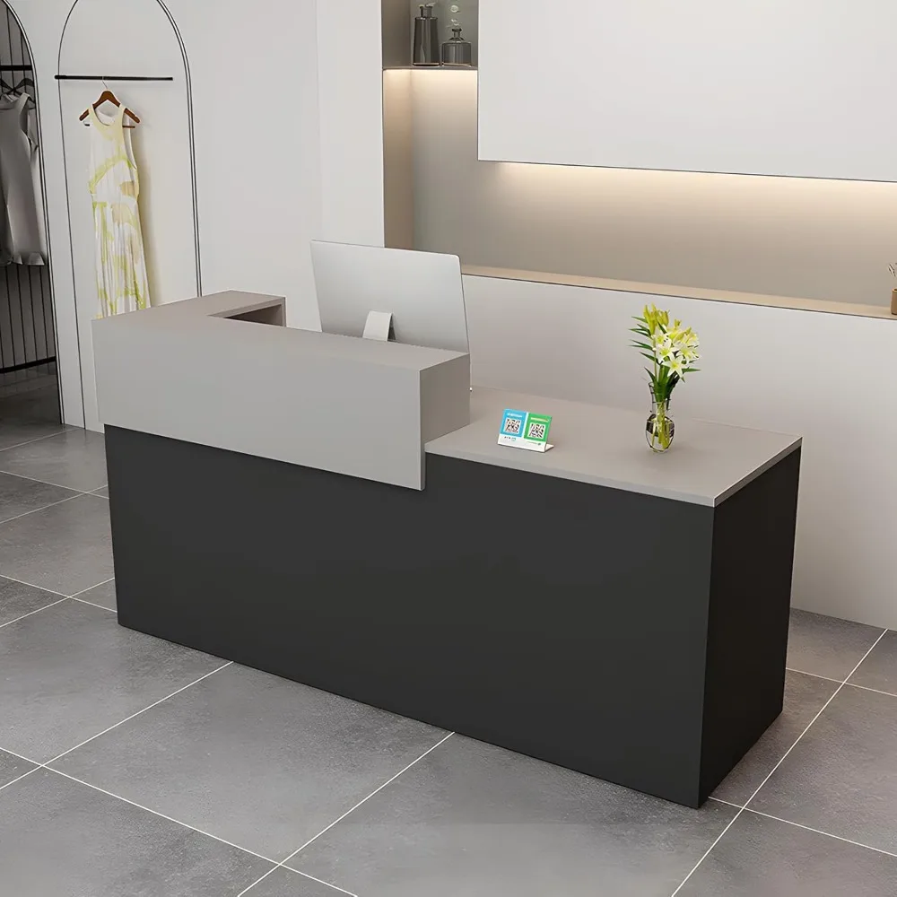 Reception desk with drawers and open shelving, 39-95 inches in width, suitable for retail stores and offices.