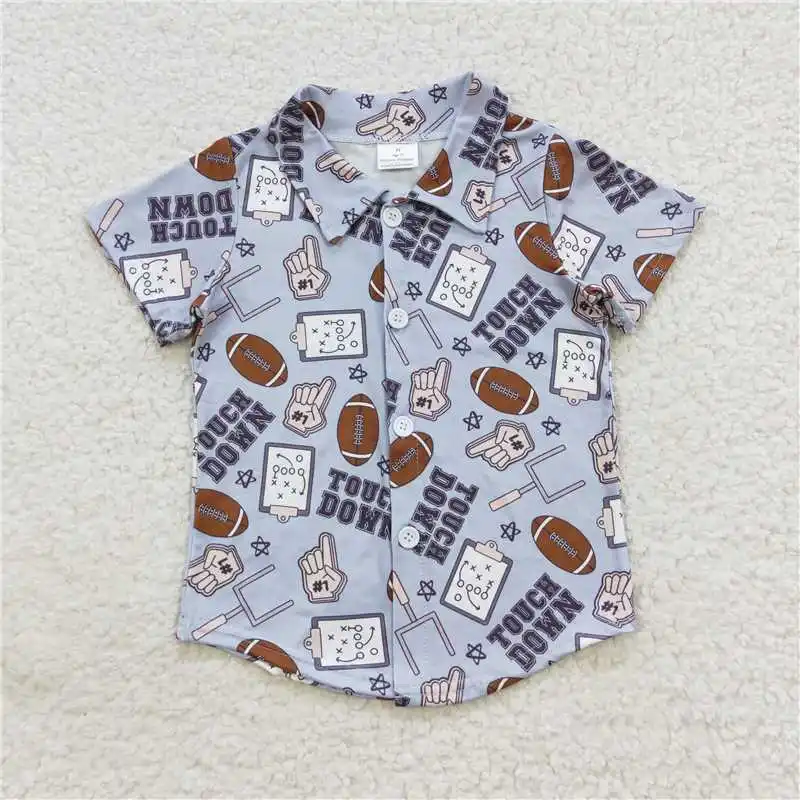 New Fashion Touch Down Rugby Blue Button Down Short Sleeve Top Baby Boys Wholesale Boutique Children Outfit RTS