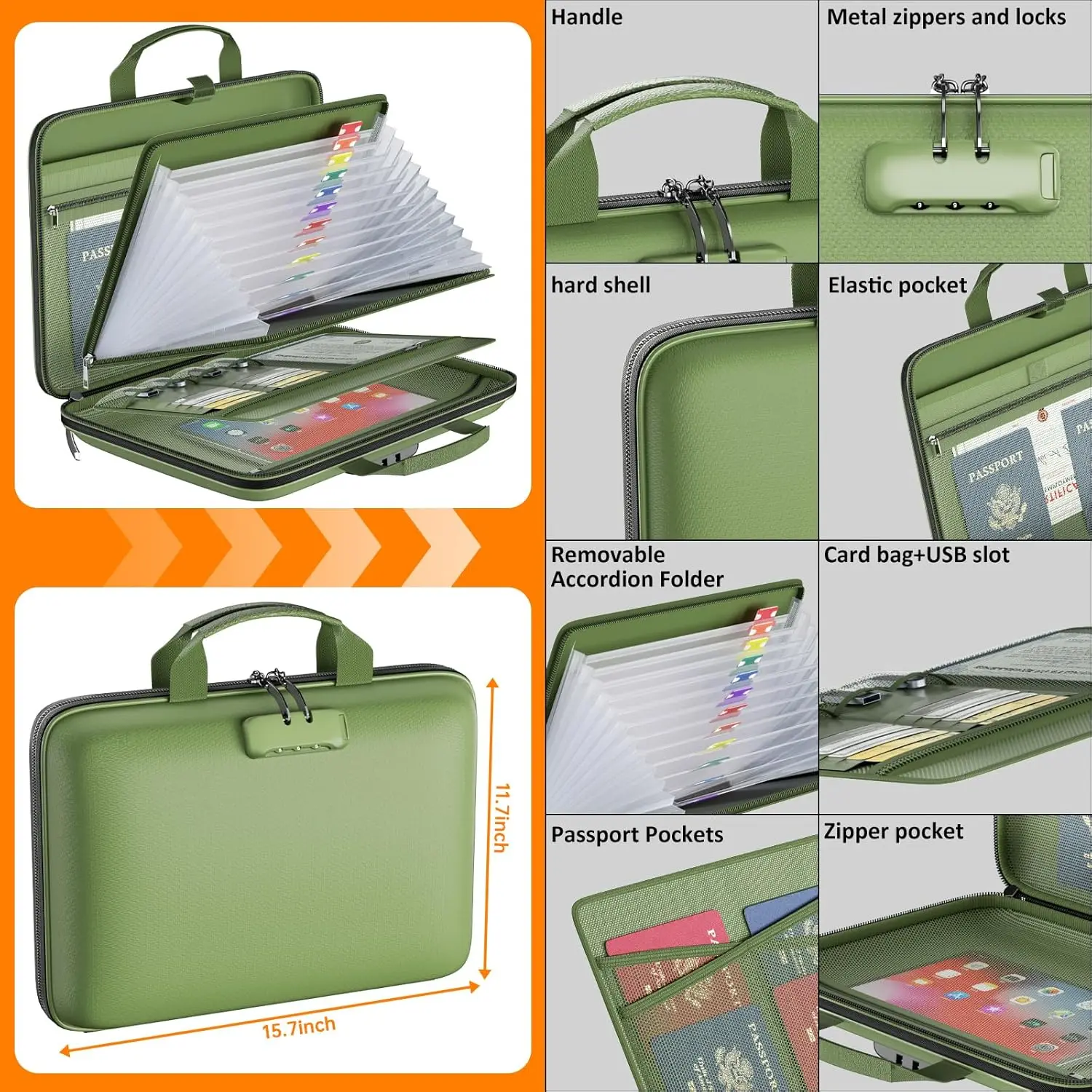Fireproof Document Organizer with Lock, Hard-Shell Case, 13 Pockets for A4 Files & Laptops (Green)