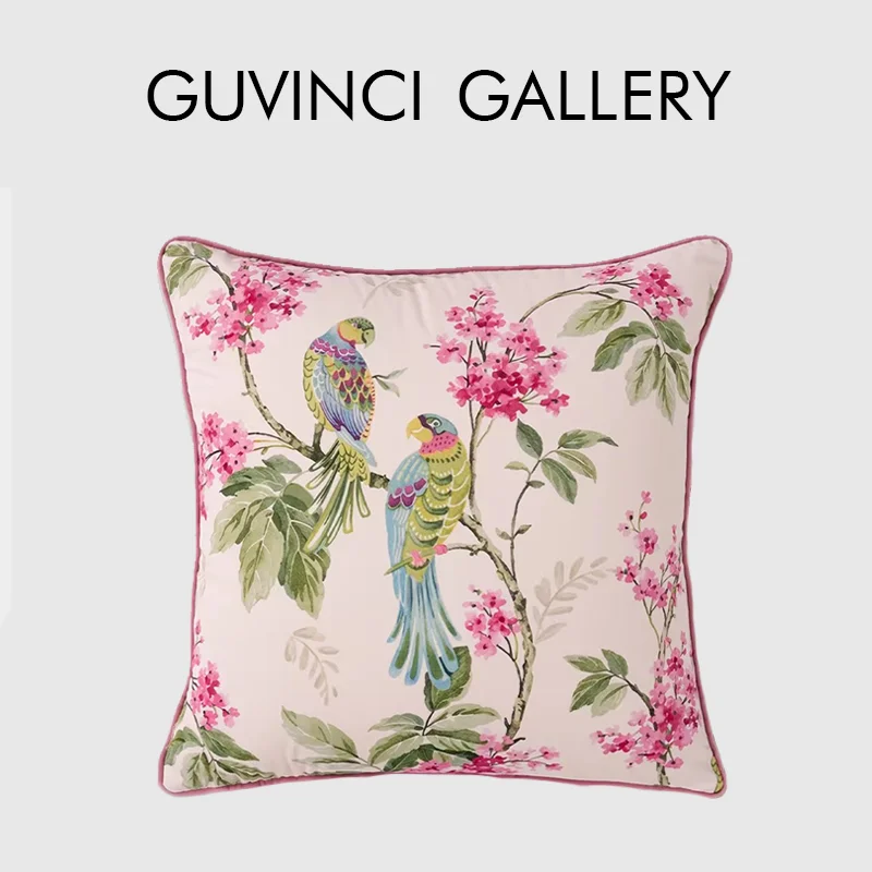 GUVINCI Exquisite Highland Summer Floral Bird Throw Pillowcase Luxurious Pink Cushion Cover Refined Nature To Your Living Space
