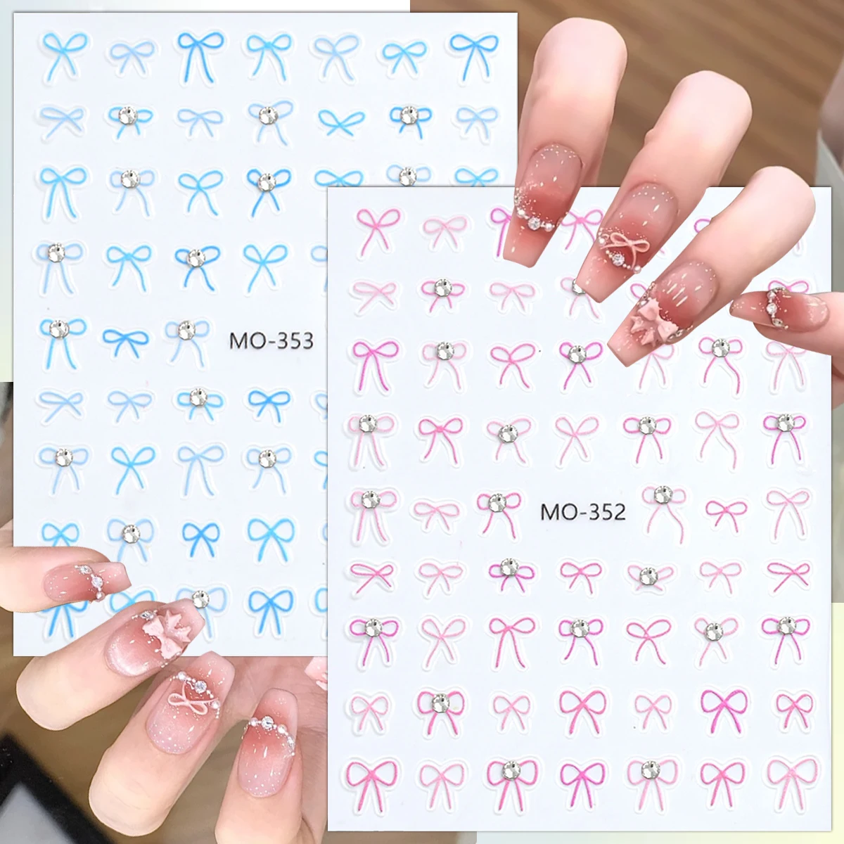 2/4 Blatt Kawaii Schleife Nail Art Aufkleber mit Strasssteinen Rosa Blaues Band Selbstklebende 5D Nagelaufkleber für DIY Maniküre