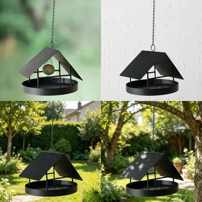 Modern Hanging Metal Bird Feeder House Shaped Rust Proof Painted With Tray Stand Outdoor Patio Garden Decoration