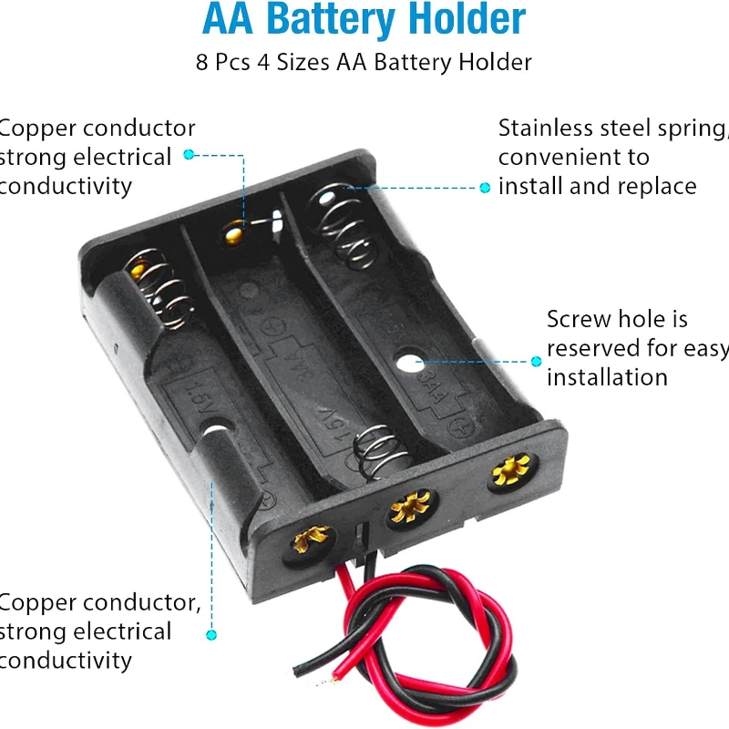 8PCS AA Battery Box Bundle with 2x 1-Way, 2x 2-Way, 2x 3-Way, 2x 4-Way Battery Holders with Leads for DIY