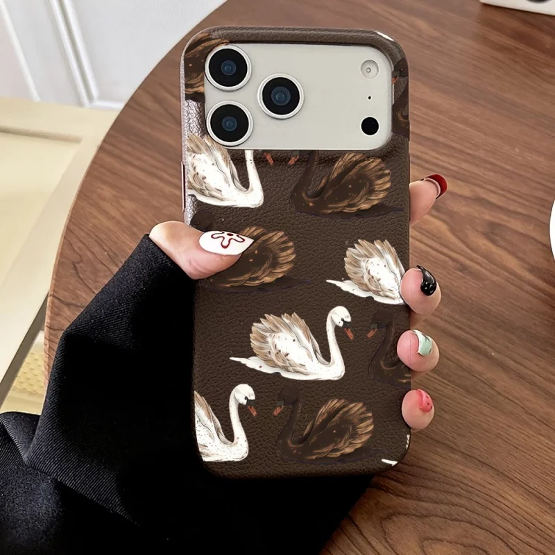 Elegant Brown White Swan Lichee pattern Phone Case For iPhone 17 16 15 14 13 12 11 Air Pro Max Plus Shockproof Soft Funda Cover