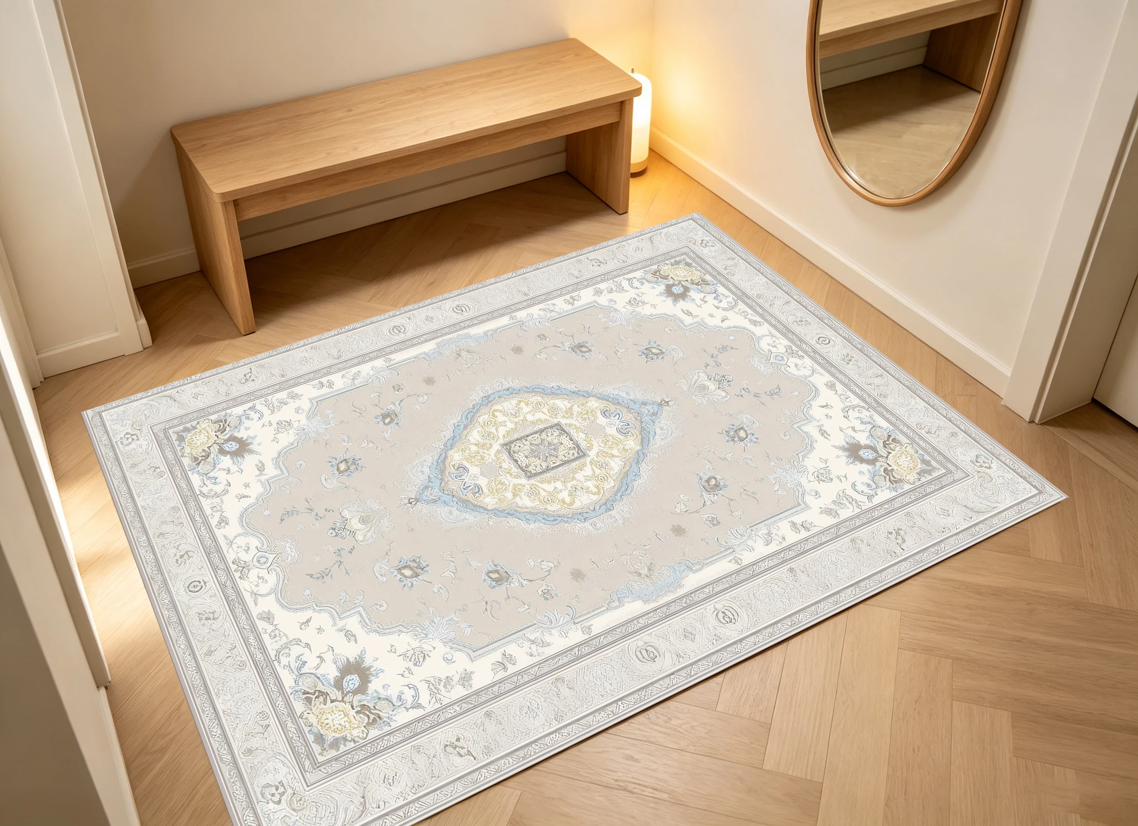 Beige Tone Light Blue Vintage Rug, Soft Retro Pattern with Multi‑Layer Border, Autumn‑Winter Mat for Living Room Bedroom