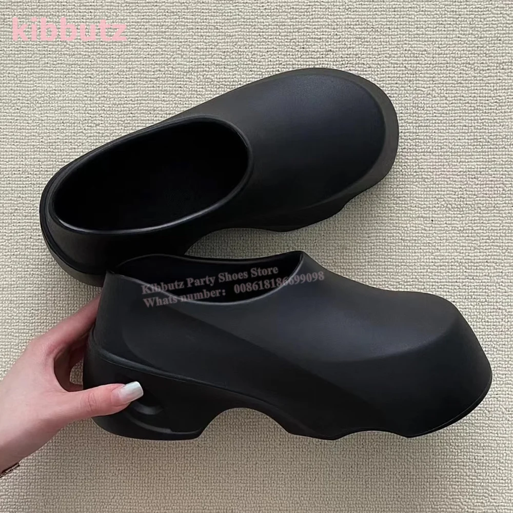 Rubber Reef Thick Sole Pump Slippers Genuine Leather Solid Black Round Toe Fashion Sweet Cool Hottie Style Women Shoes Newest