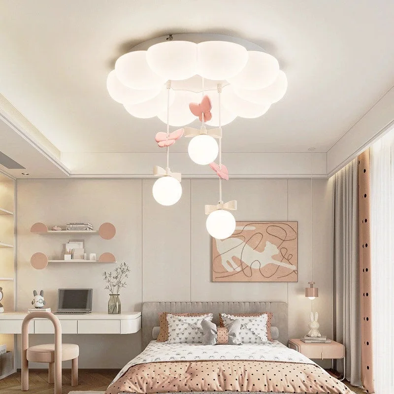 Modern Girl Princess Room LED Ceiling Lamp Pink Bow Pendants Children's Room Nursery School Bedroom White Cloud Ceiling Light