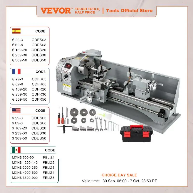 VEVOR Mini Metal Lathe Machine 8.7 x 29.5 inch / 220 x 750MM 750W Infinitely Variable Speed LED for Counter Face Turning Driling