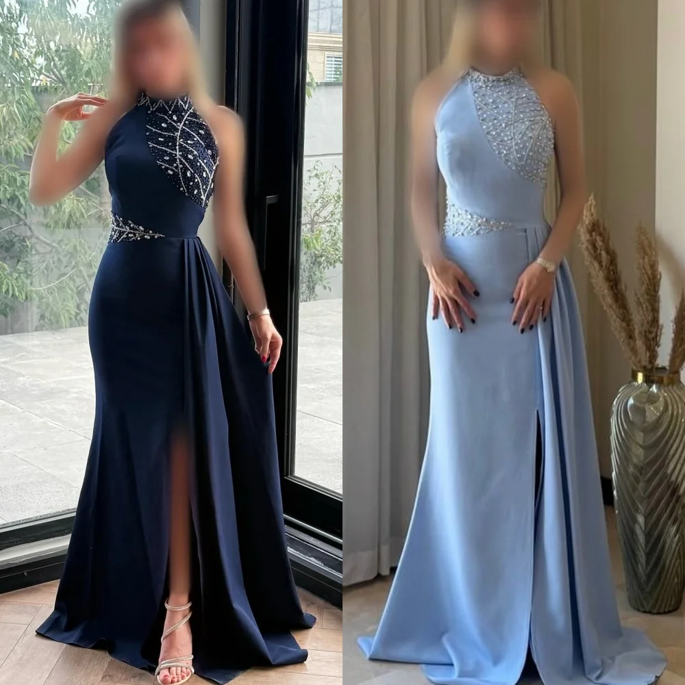 Abiti lunghi con colletto alto a trapezio dritto con strass in jersey elegante stile moderno personalizzato Abiti da cerimonia su misura sexy