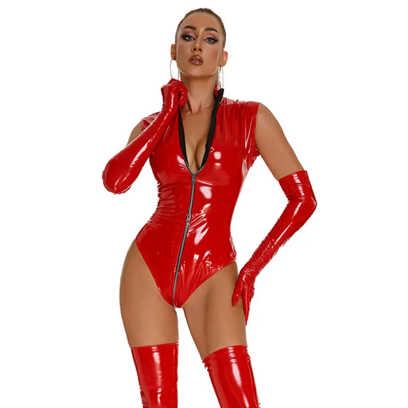 

Women Zipper Sexy Glossy PVC Leather Jumpsuit For Women Erotic Below Crotchless Bodysuit Glossy Shaping Latex Catsuit