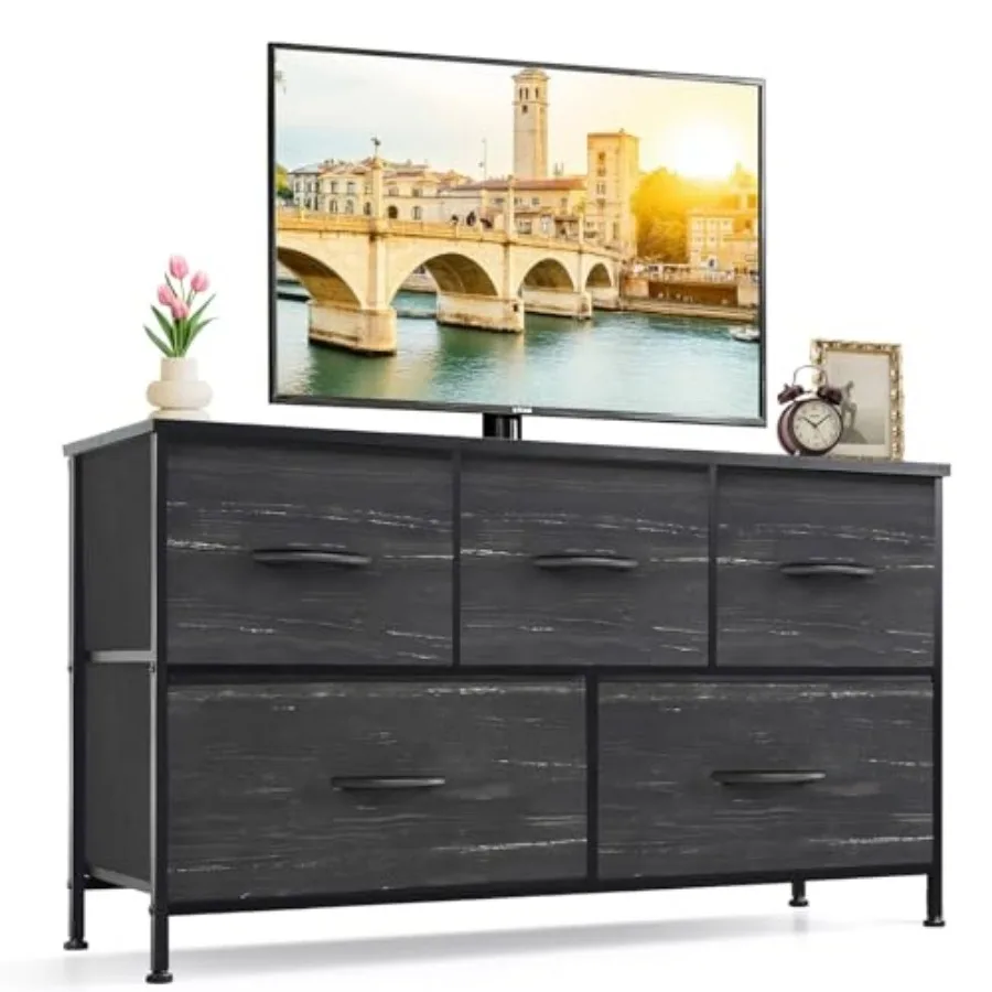 

5-Drawer Dresser for Bedroom Anti-Tip Wide Storage Organizer Fabric Chest of Drawers TV Stand for 45" TV with Wooden Top and Me