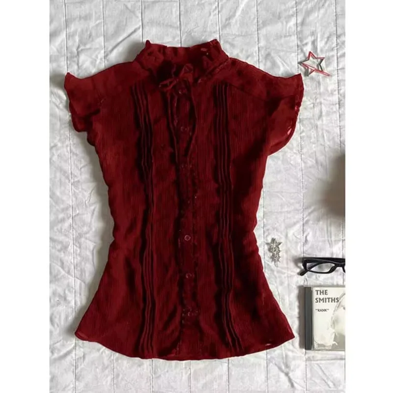Summer Lolita New Wine Red Ruffle Collar Shirt Women Y2k Vintage Design Slim Fit Casual Blouses Elegant Style Korea Fashion Tops