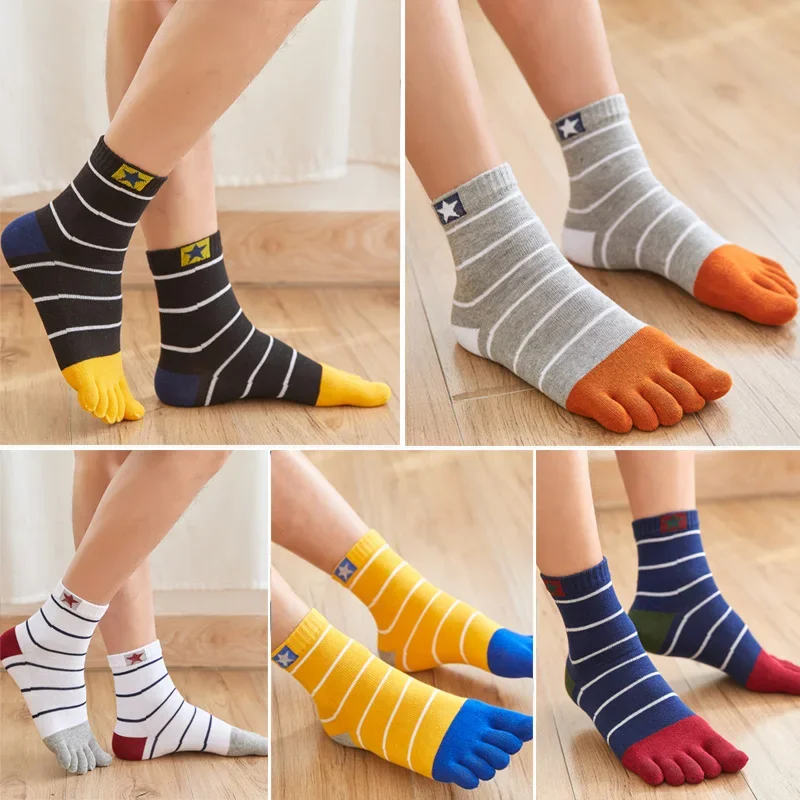 

5 Pairs New Five Finger Socks Men's Cotton Middle Tube Toe Split Finger Socks Star Stripe Four Seasons Toe Socks