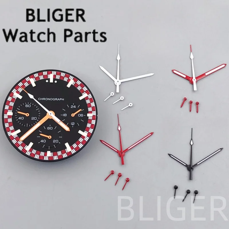 BLIGER 31.5mm 6-pin Quartz Watch Dial Black Red Colour With VK63 Watch Hands Super Green Luminous Fit VK63 VK63A Quartz Movement