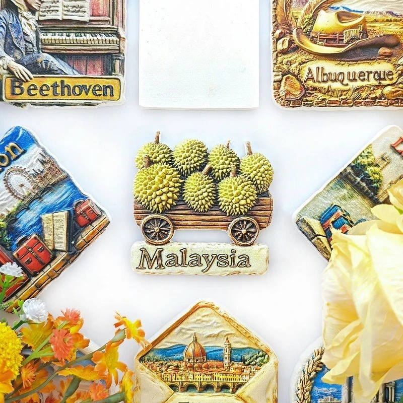 Malaysian Durian Cart Fridge Magnet - 3D Tropical Fruit Souvenir Street Food Stall Decor Unique Asia Gift