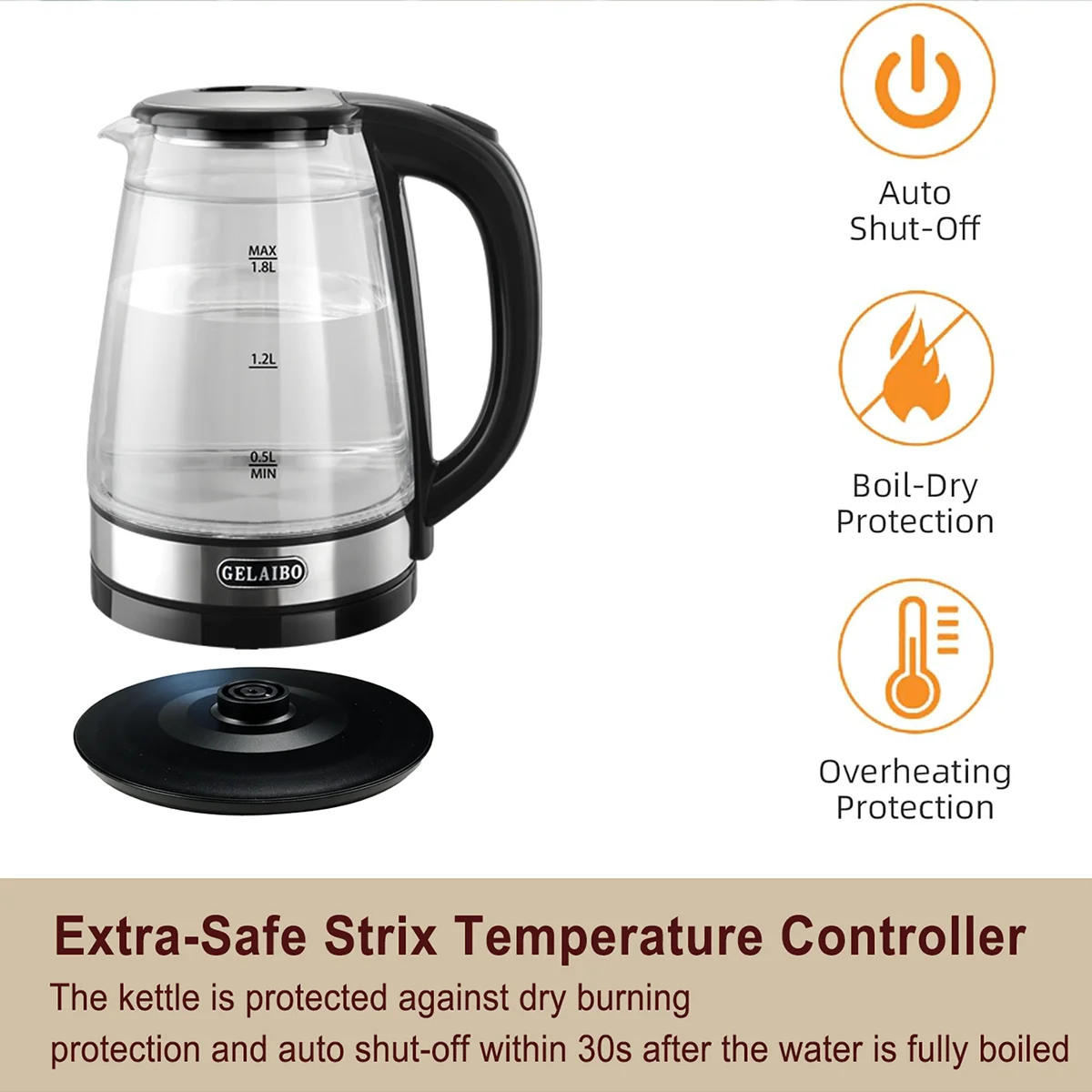 غلاية ماء كهربائية 1.8 لتر ، غلاية ماء شاي ، مناسبة للمياه الساخنة والقهوة والشاي ، مع إغلاق أوتوماتيكي ، وظيفة حماية الغليان، BPA غير مدرجة ، مصباح LED، غلاية مياه وسخان من الزجاج والفولاذ ،مثالية للمنزل والسفر