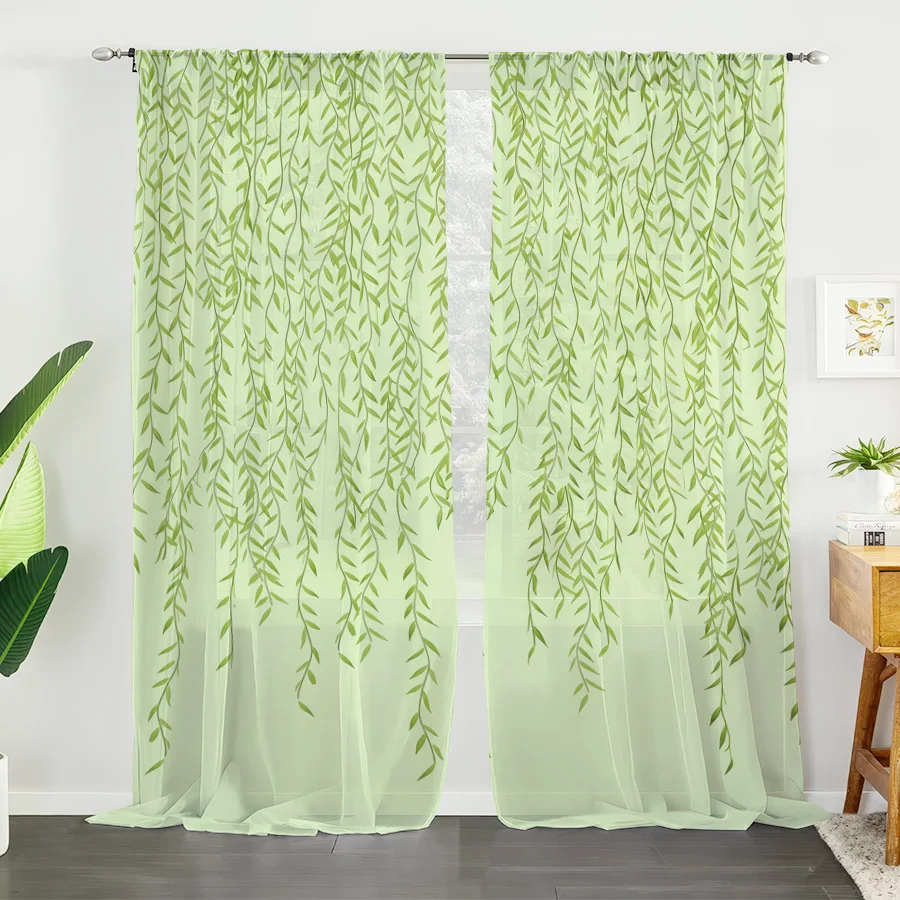 2PCS Digital Print Sheer Curtain, Green Weeping Willow, Vintage Floral Window Curtains for Living Room Bedroom Home Decor