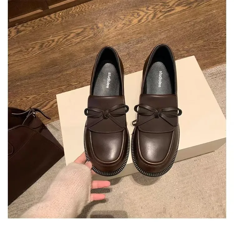 

Модные лоферы на массивном каблуке в стиле ретро, женские удобные туфли с круглым носком и бантом в британском стиле, повседневная обувь из мягкой кожи, Zapatos De Mujer