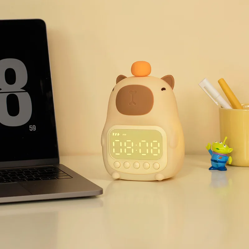 + Capybara Luce notturna a LED Sveglia digitale ricaricabile in silicone Lampada da tavolo dimmerabile Temporizzazione Carica USB Regalo di compleanno per bambini