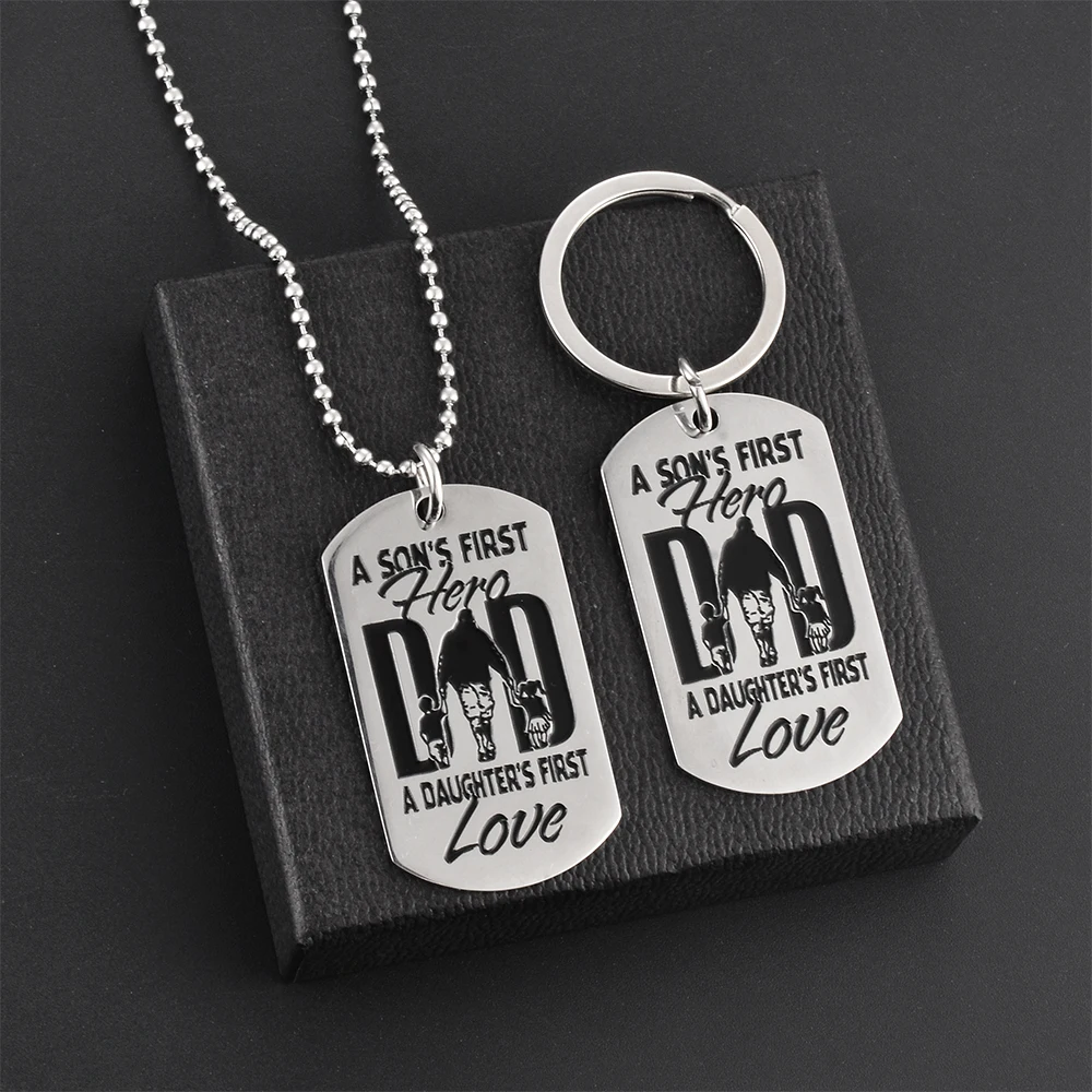 DAD a Son's First HERO a Daughter's First Love Pendant Keychain Dog Tag Great Gift for Father's Day Birthday Gift  Dropshipping