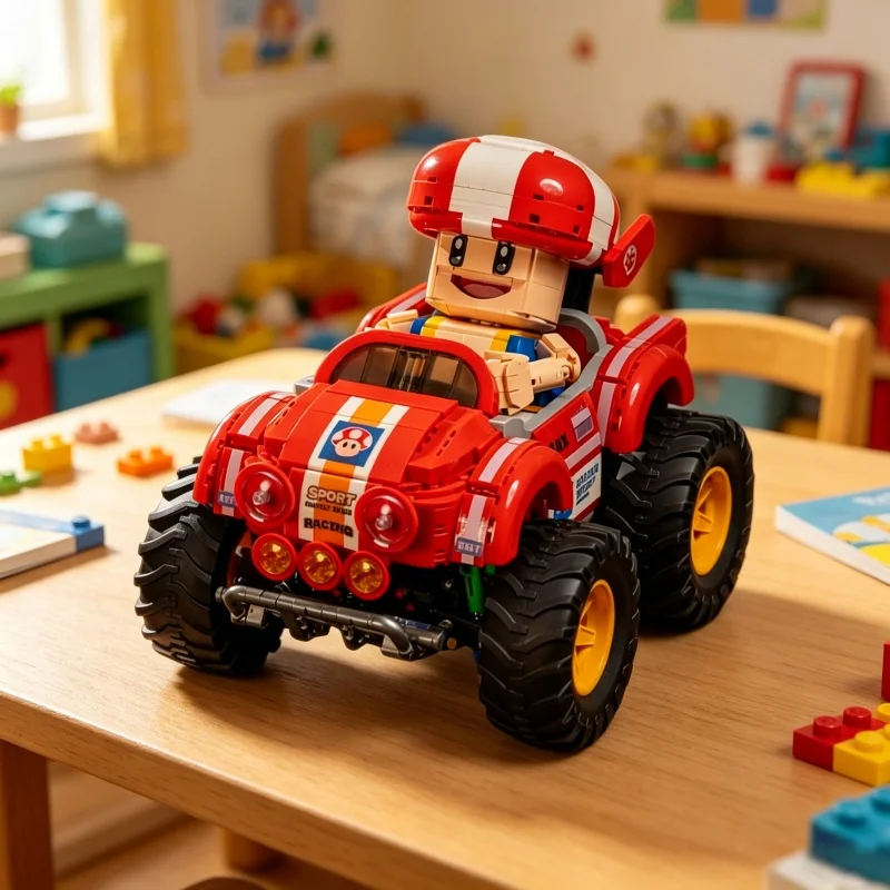 Cute Red Mushroom Figure Monster Truck Building Blocks Off Road Racing Car Model With Large Tires Creative DIY Assembly Toy