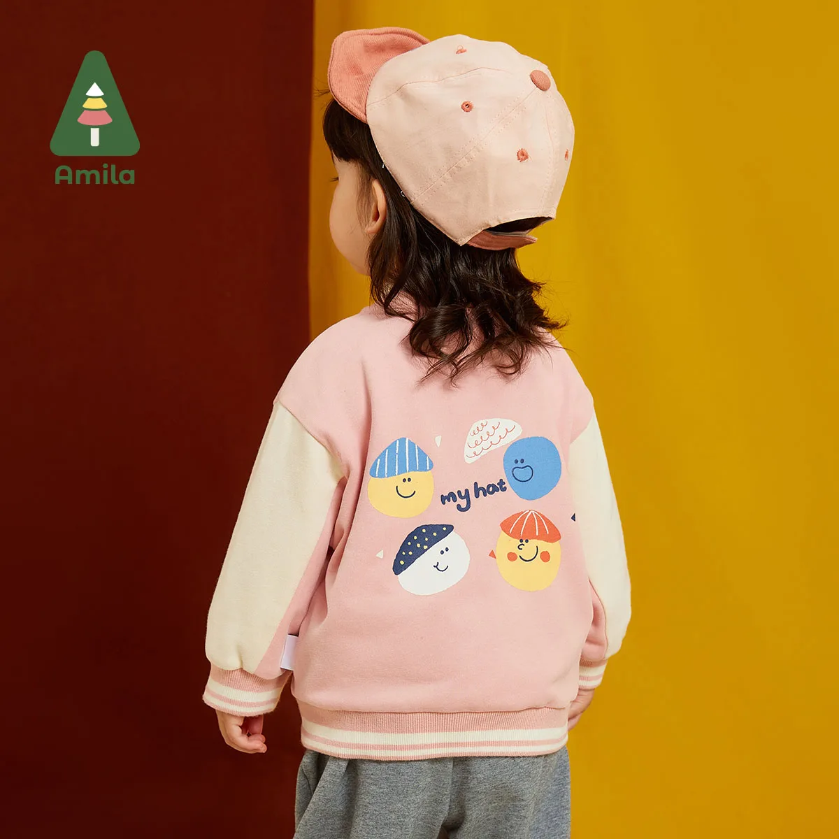 Amila Baby Coat 2023 Autumn New Hooded Rib Neckline Chestnut Print Windproof And Warm Insulation Cute Girl Outerwear Kid Clothes