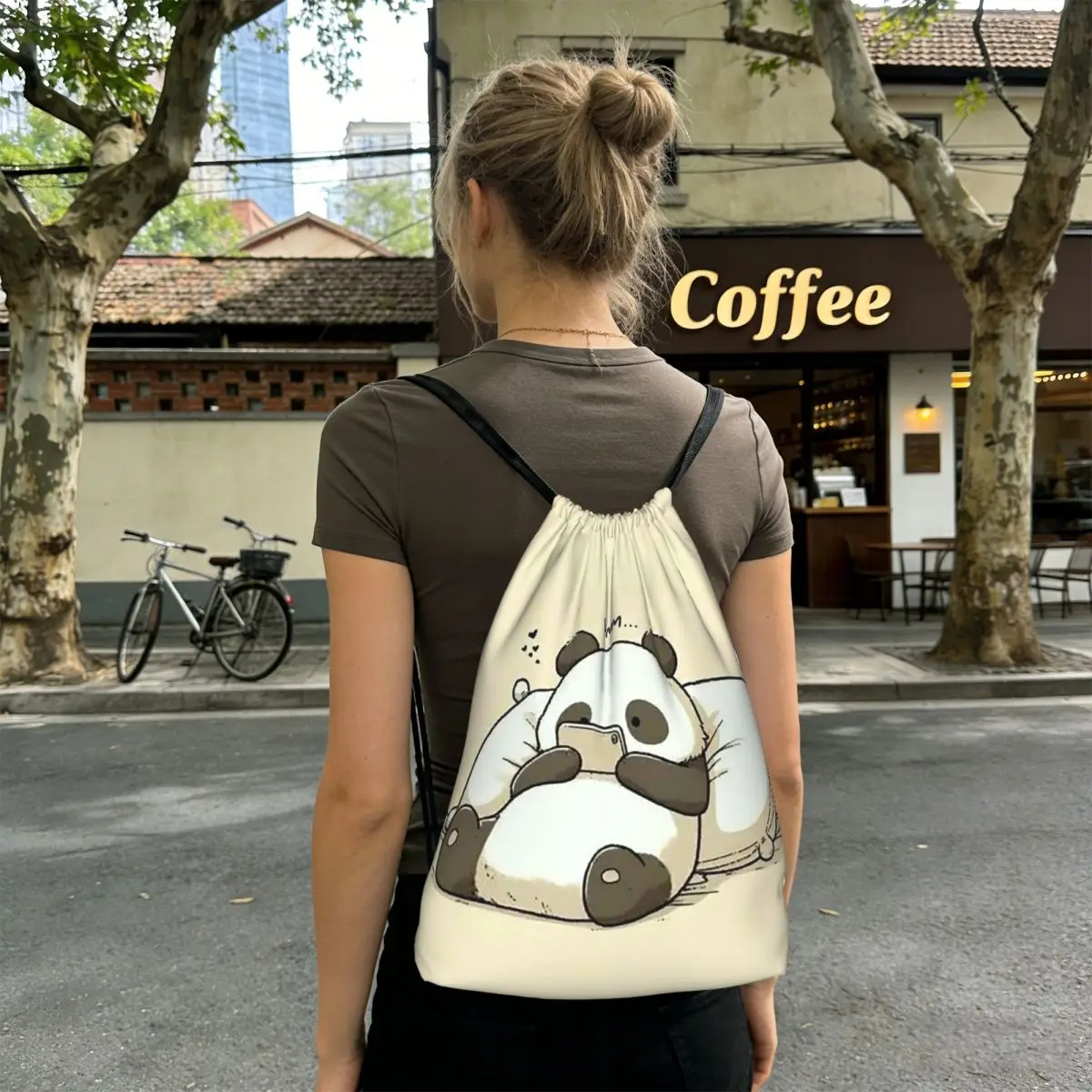 Cartoon Panda Playing With Mobile Phone Backpacks Fashion Drawstring Bundle Pocket Sundries Bag Book Bags for Man Woman Students