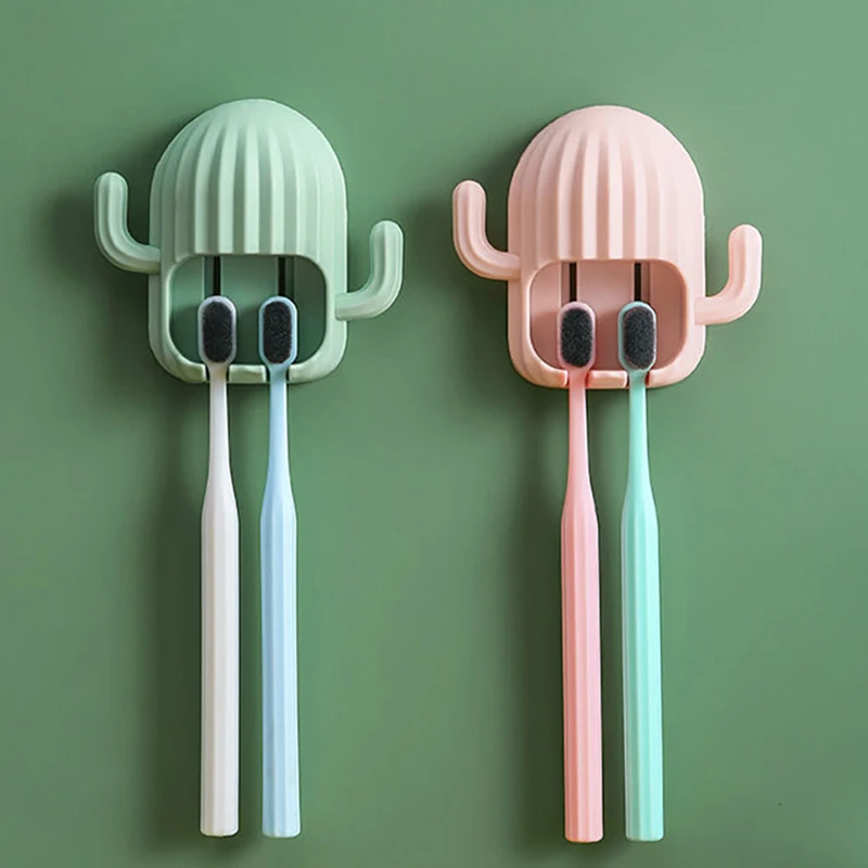 Self-Adhesive Wall Mounted Toothbrush Organizer Cactus Hook Toothpaste Holder Storage Rack Drain Shelf Bathroom Solution